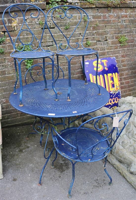 Blue iron garden circular table and four chairs
